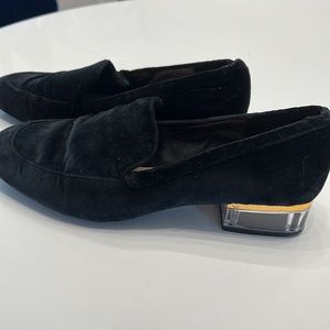 Nine West black velvet loafers with a clear heel